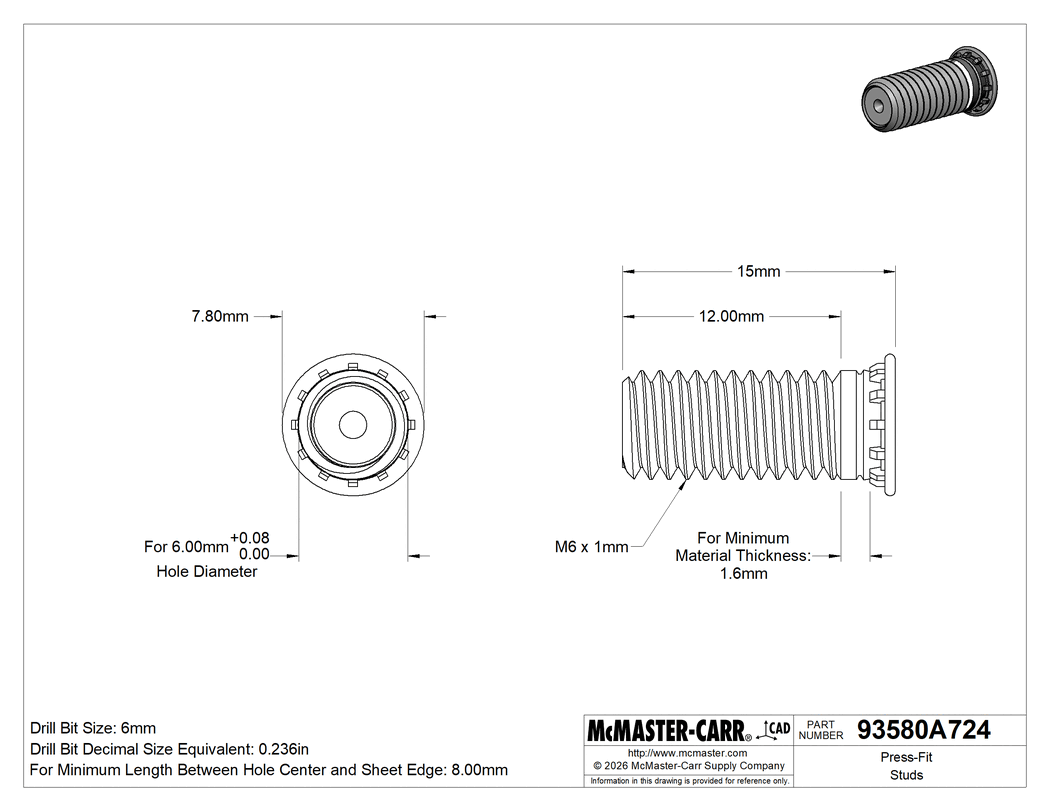 Technical Drawing of Press-Fit Studs, 18-8 Stainless Steel, M6 x 1 mm Thread, 15 mm Long, PEM® Fhs-M6-15.